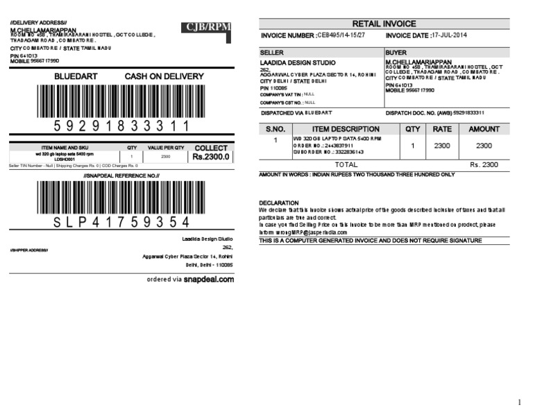 Snapdeal Invoice Pdf