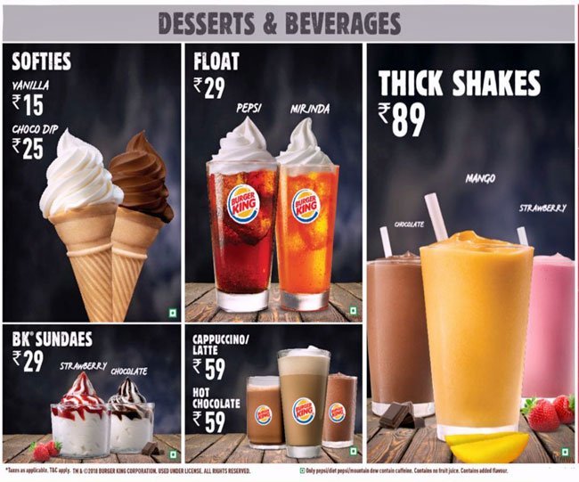 BURGER KING DHILLON SILICON SQUARE MALL ZIRAKPUR CHANDIGARH Menu