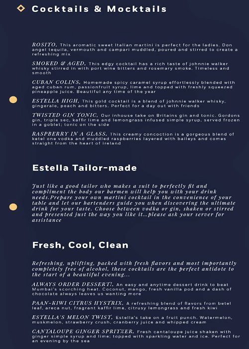 ESTELLA JUHU MUMBAI Menu, Photos, Images and Wallpapers