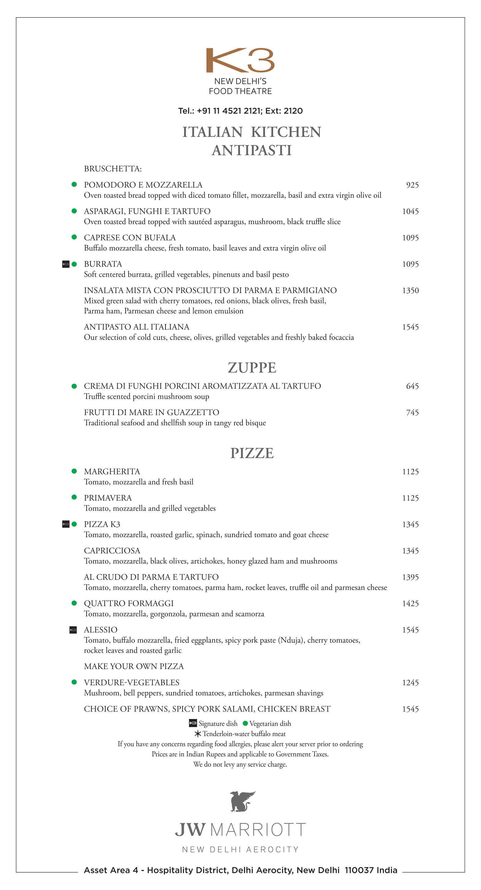 K3 JW MARRIOTT AEROCITY NEW DELHI Menu, Photos, Images and