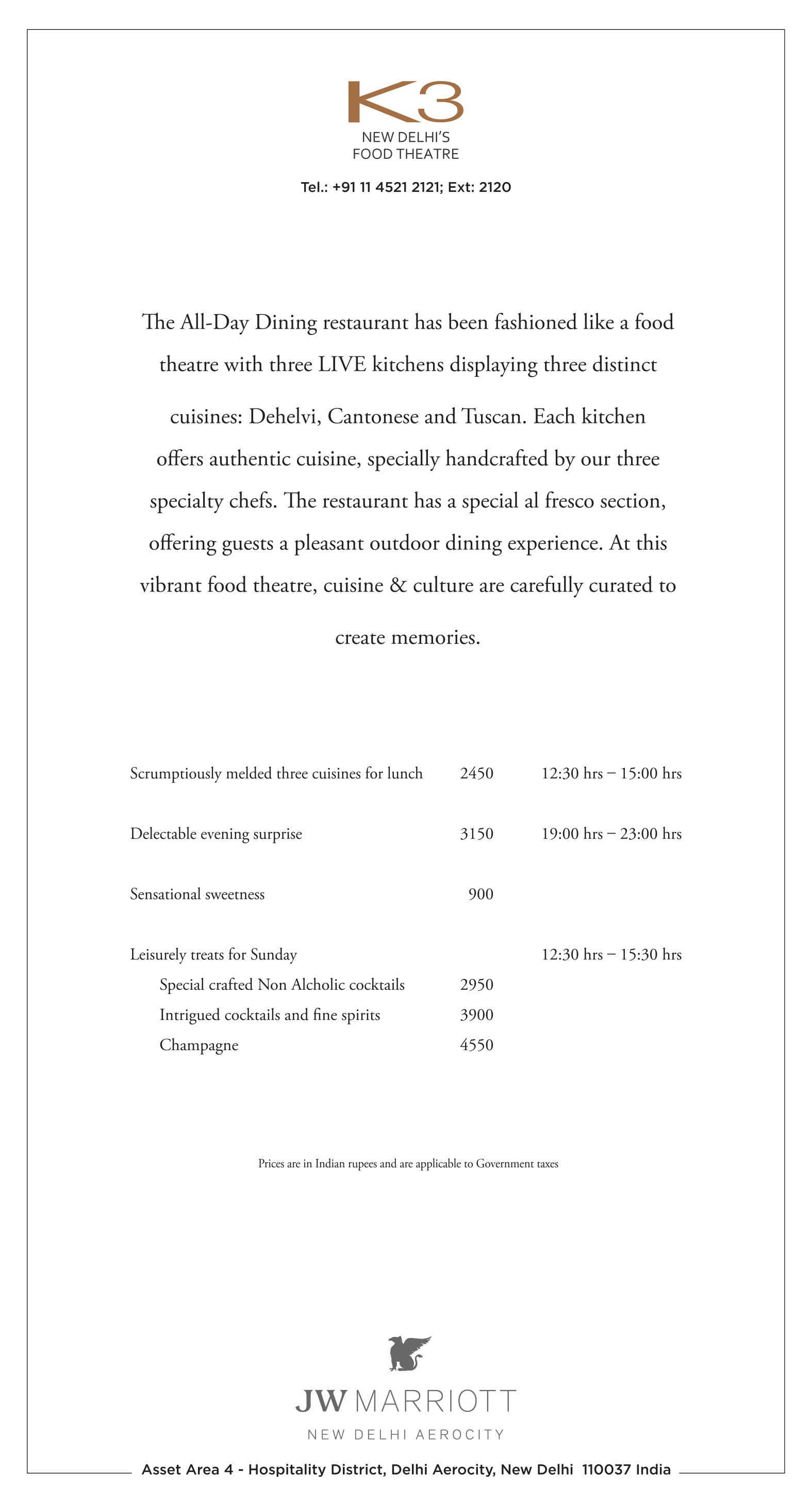 K3 JW MARRIOTT AEROCITY NEW DELHI Menu, Photos, Images and