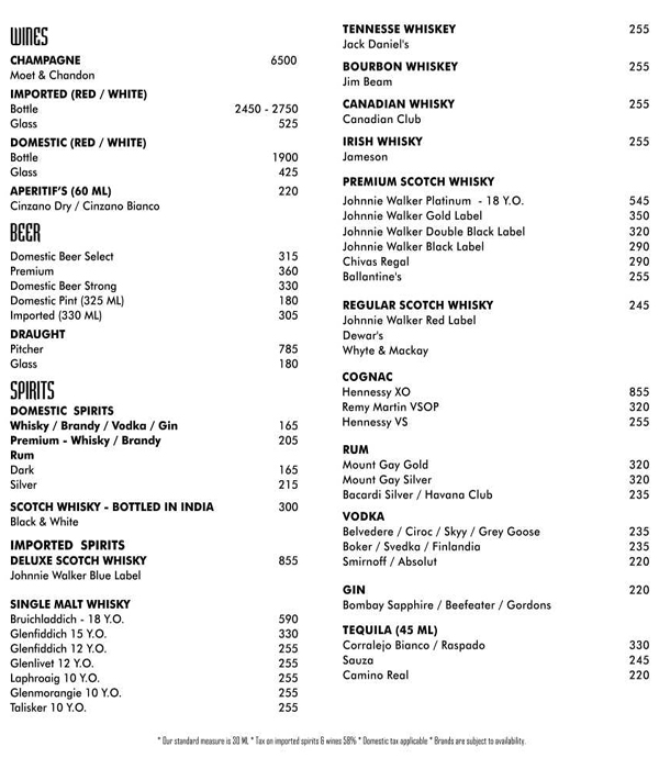 MUSTANG BAR GREEN PARK HOTEL VADAPALANI CHENNAI Menu, Photos