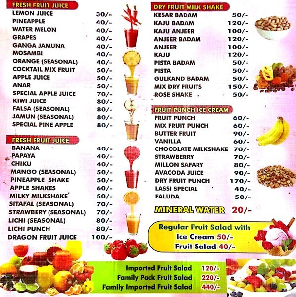 NANDU FRESH FRUIT JUICE CENTRE HIMAYATH NAGAR HYDERABAD Menu