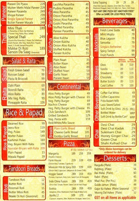 SINGLA'S - DWARKA - DELHI NCR Menu, Photos, Images and Wallpapers ...