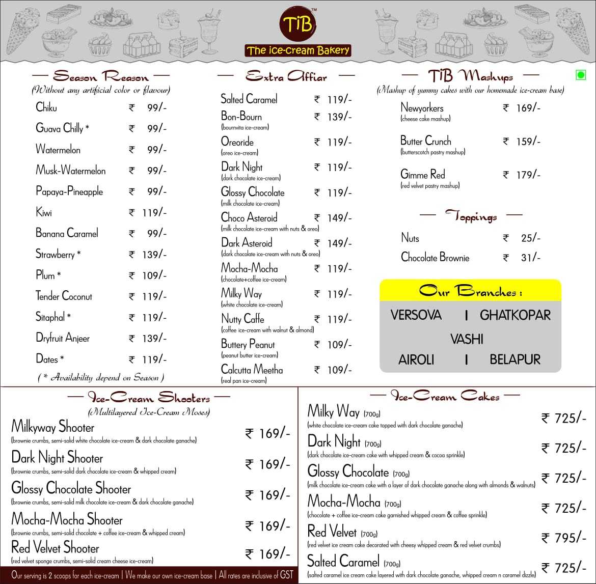 TIB THE ICECREAM BAKERY VERSOVA ANDHERI WEST MUMBAI Menu