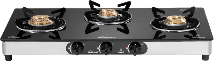 Sunflame LPG Stove Crystal 3 Burner Black Glass Manual Gas Stove Image